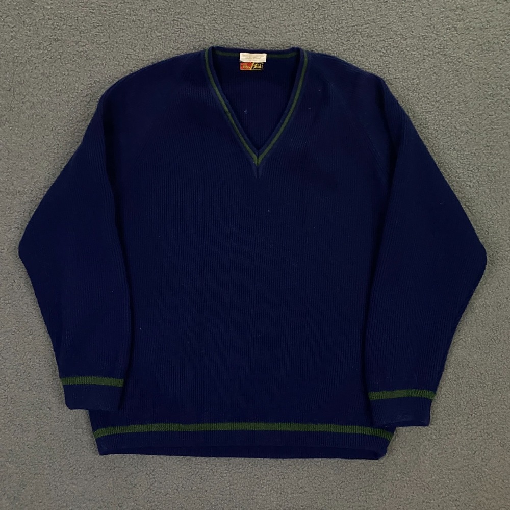 True Vintage 50s 60s Mr. Sid Sweater FITS Men Small Ribbed Knit Wool V-Neck Blue - Picture 2 of 16